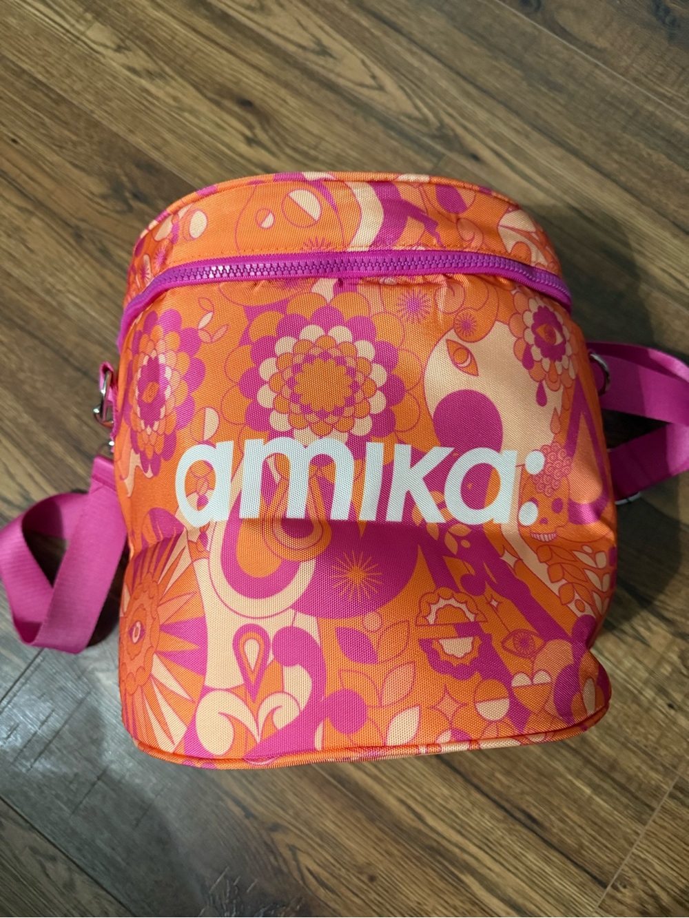 amika Orange and Pink Floral Crossbody cooler  Bag with Bold Logo